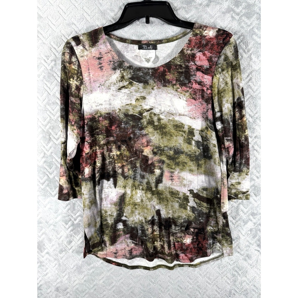 Bali Corp Women's Blouse Petite Small PS Top Vintage Watercolor 3/4 Sleeve Artsy